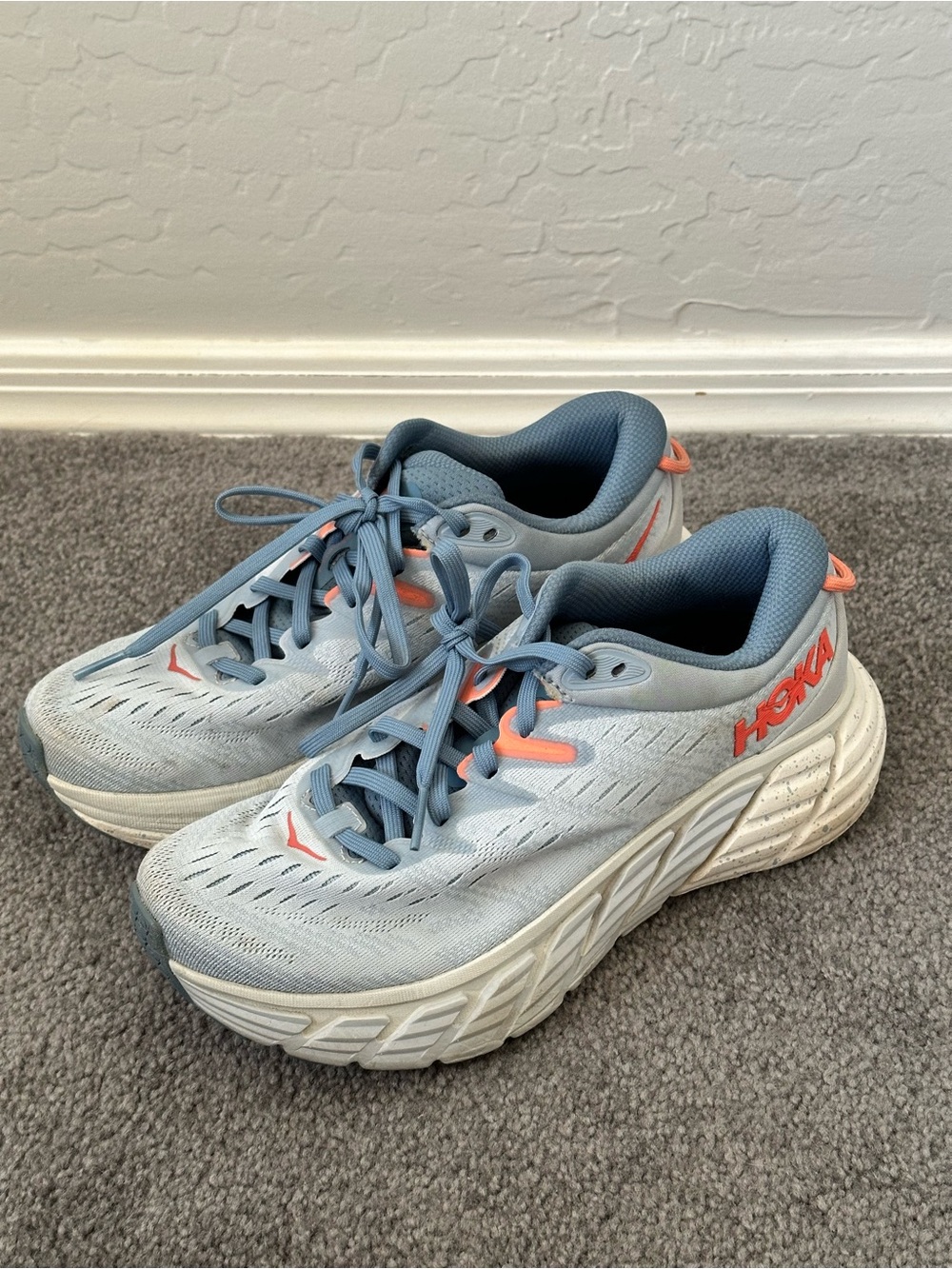 Hoka Gaviota 4- Light Blue Running Shoes with Coral Accents
